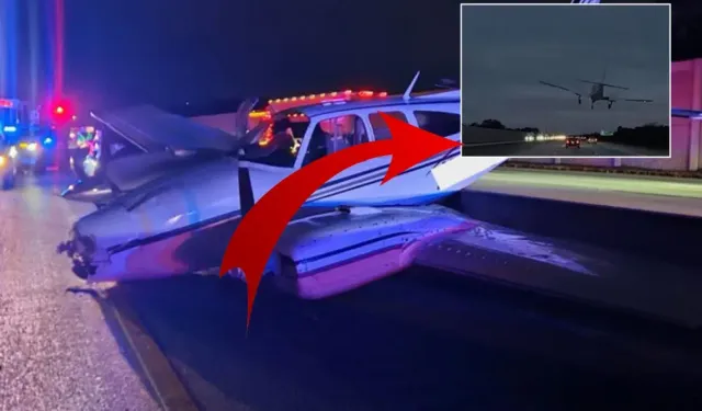 Otoyola iniş yapan uçak otomobilin üzerine düştü