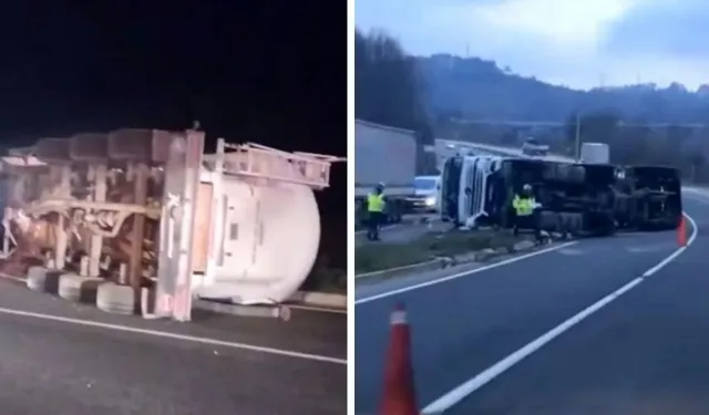 Düzce’de Çimento Tankeri Devrildi 1 Yaralı