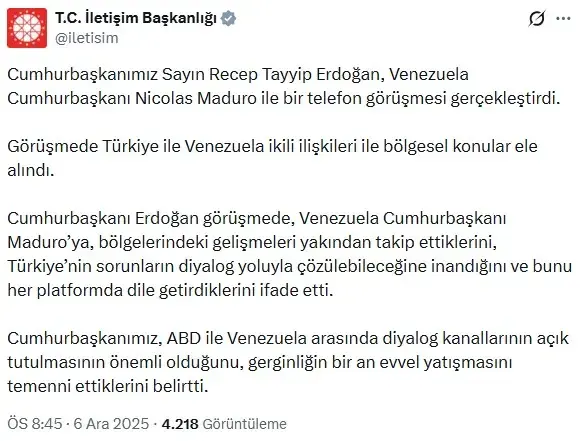 Cumhurbaskani Erdogan Maduro Ile Telefonda 19331031 3837 M