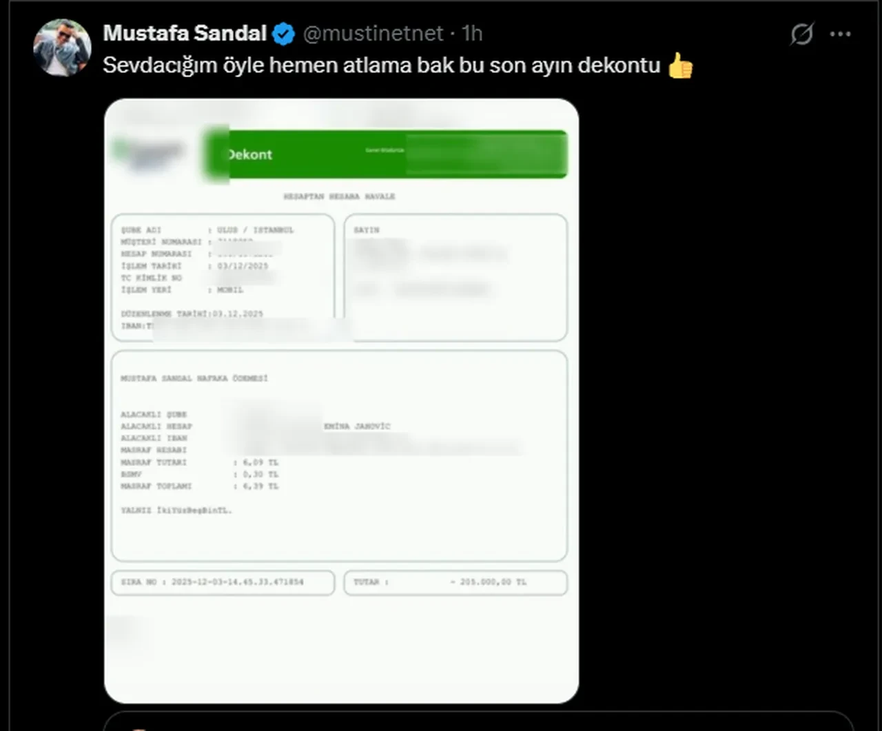 Emina Jahovic Nafaka Odemiyor Dedi Mustafa Sandal Dekontu Paylasti 3269514 202512091644 1