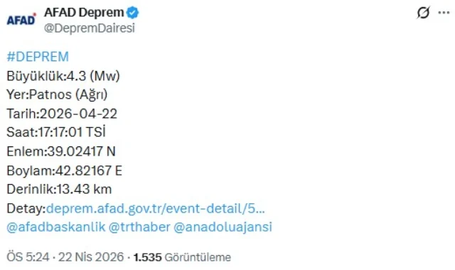 Agrida 43 Buyuklugunde Deprem 19773919 9455 1 M